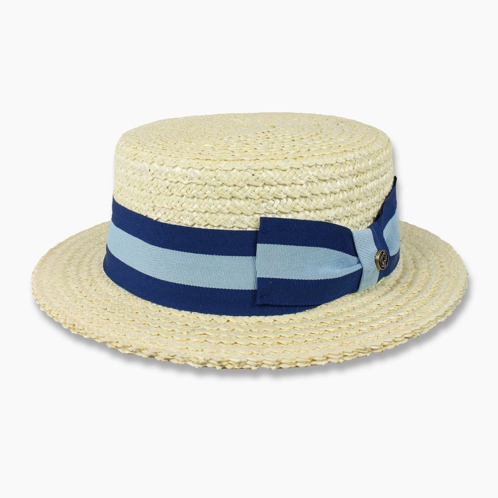 Men's Straw Boater Hat Blue Band Skimmer Barbershop Sailor Authentic